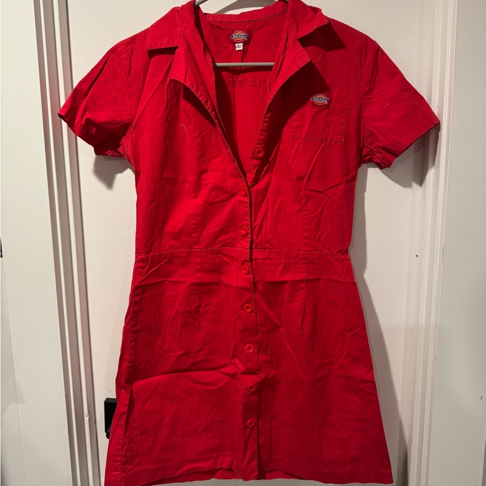 Dickies Red Betty Ford Short Sleeve Button Work Dress